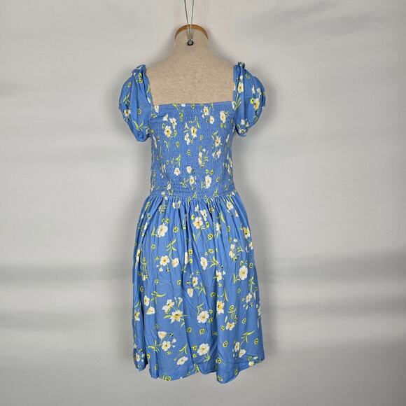 French Connection Dress Women's 6 Blue Yellow Floral Mini Cap Short Sleeve NWT - Picture 4 of 16